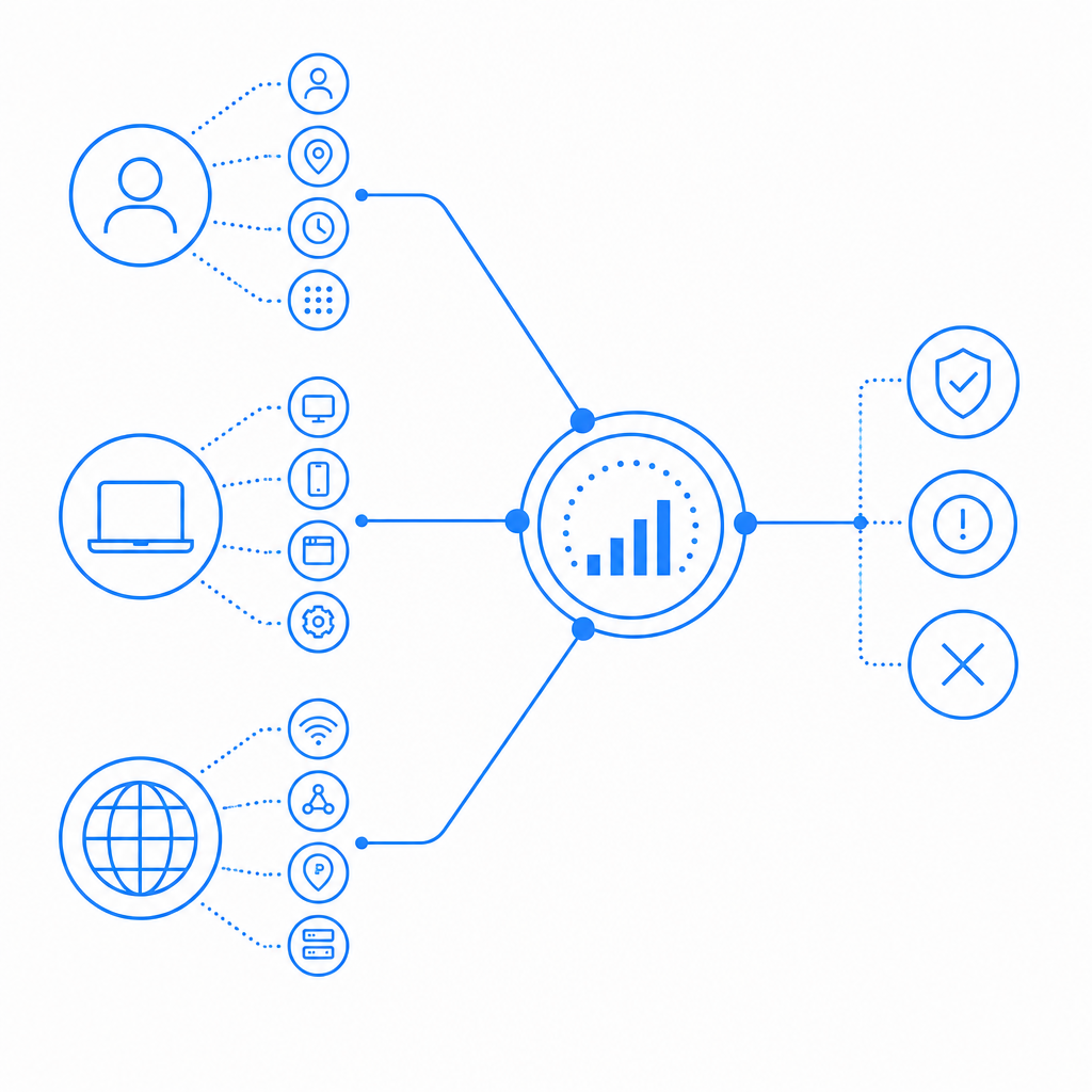 abstract risk-scoring graph with user, device, and network signals converging in