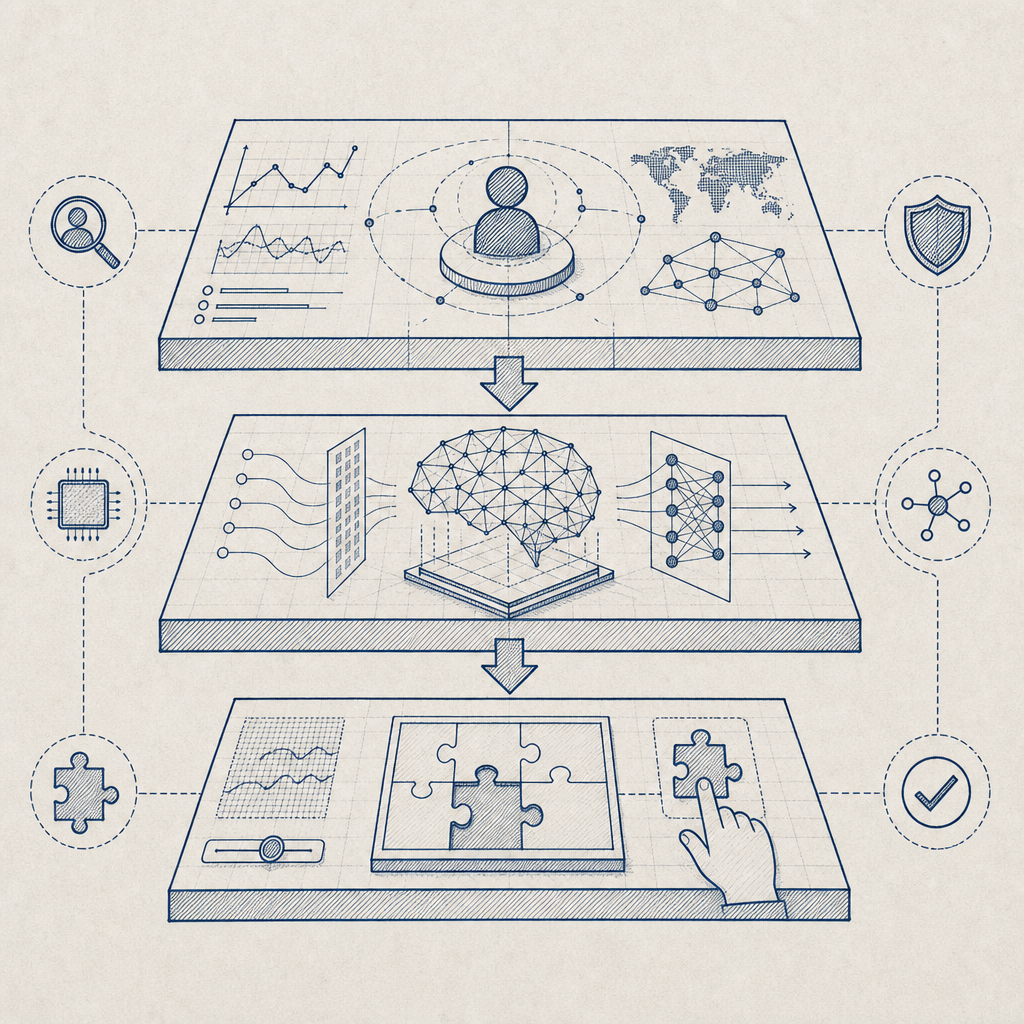 schematic showing layered bot detection including behavioral, ML, and CAPTCHA bl
