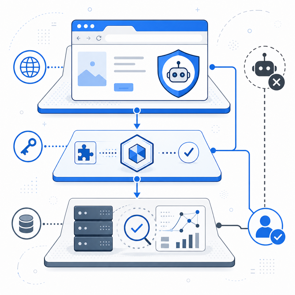 layered bot detection flow with browser, token, and server verification arrows