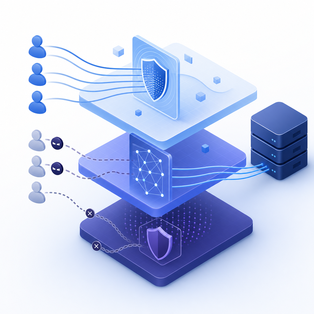 layered bot defense architecture diagram with client, API, and server validation