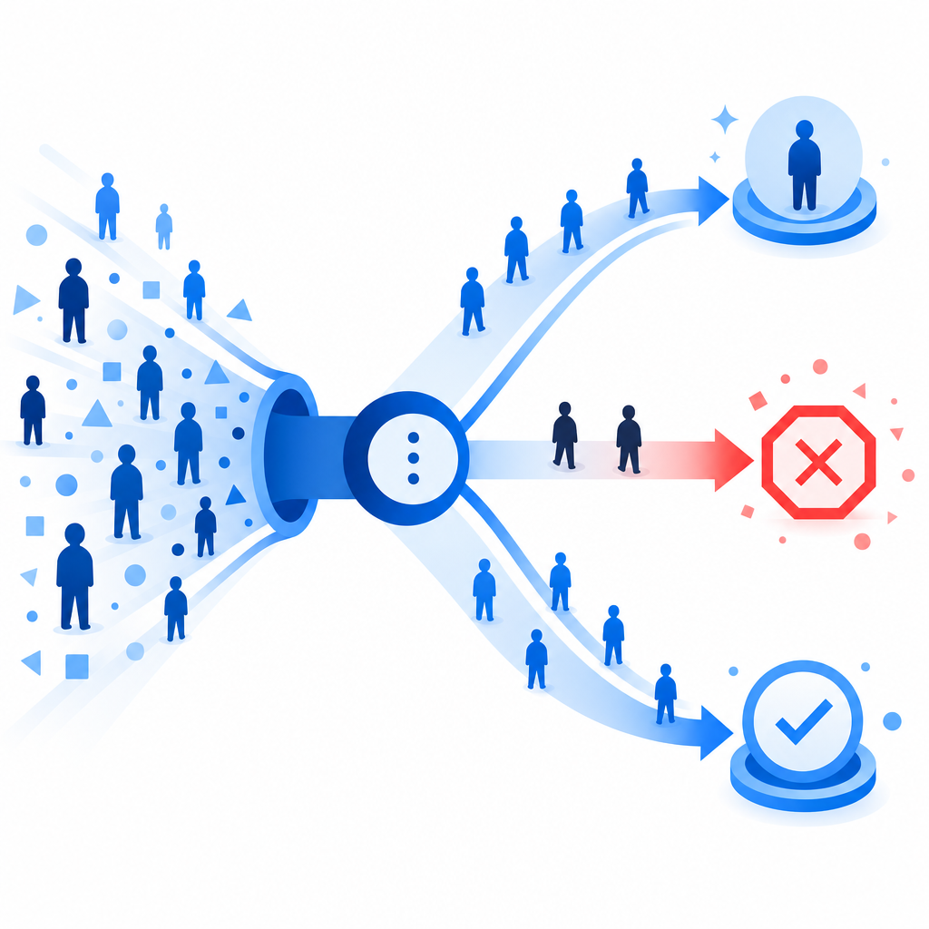 abstract decision flow showing human traffic, suspicious traffic, and validated 
