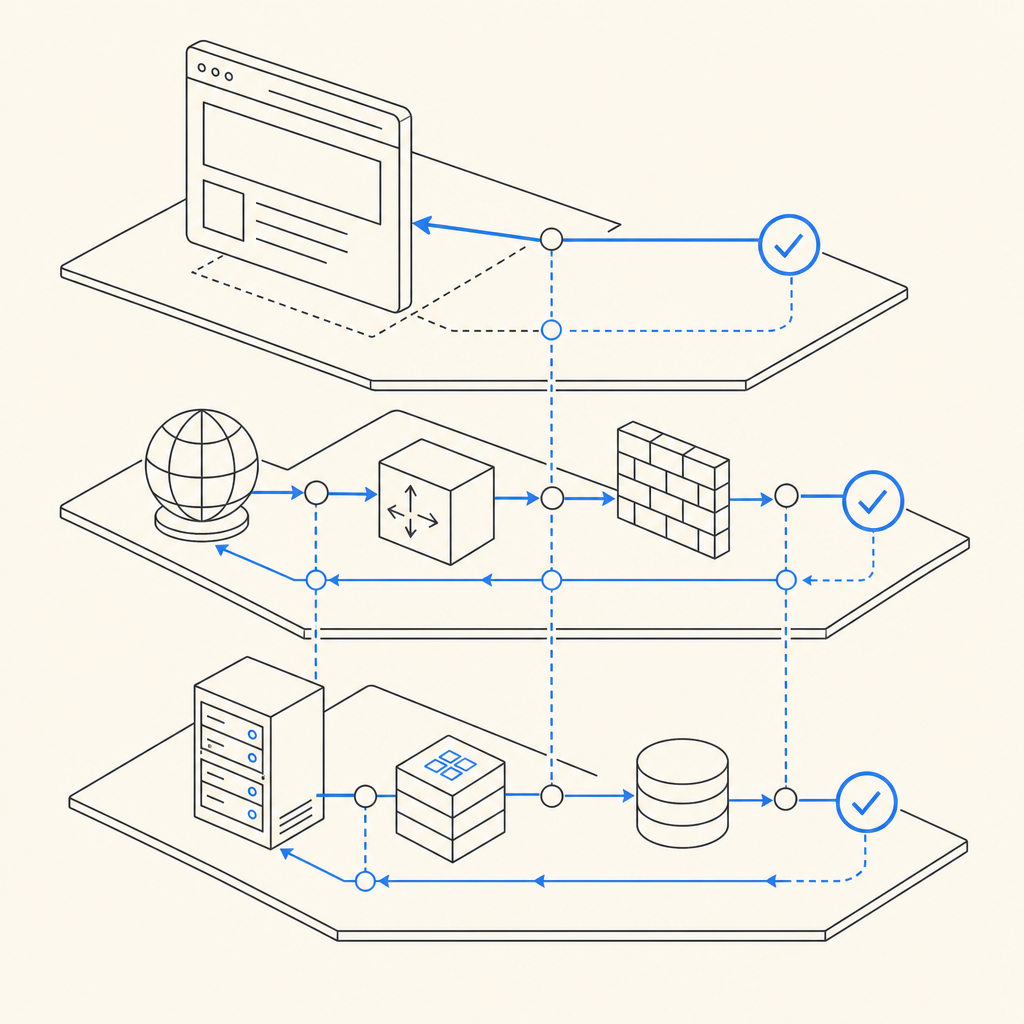 layered signal flow showing browser, network, and server checks