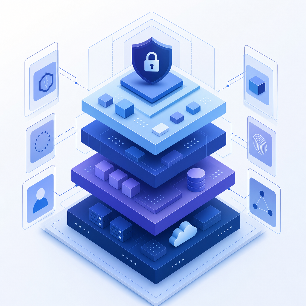 schematic with layered security blocks representing architecture components