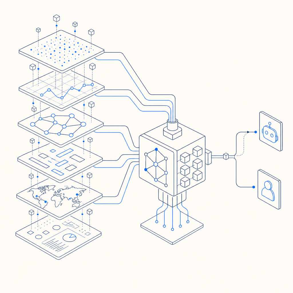 abstract diagram of data layers feeding into bot detection logic