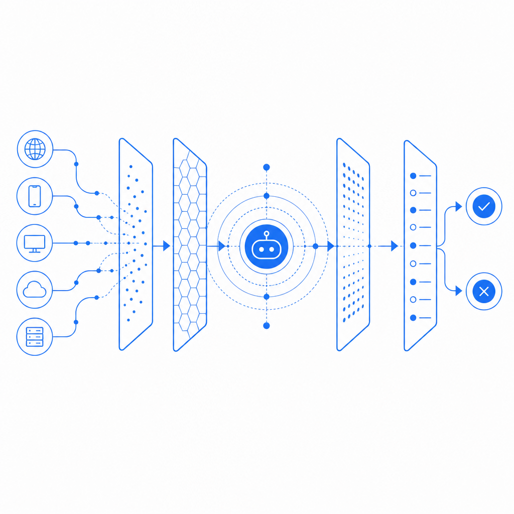 abstract diagram of bot detection layers and data flows