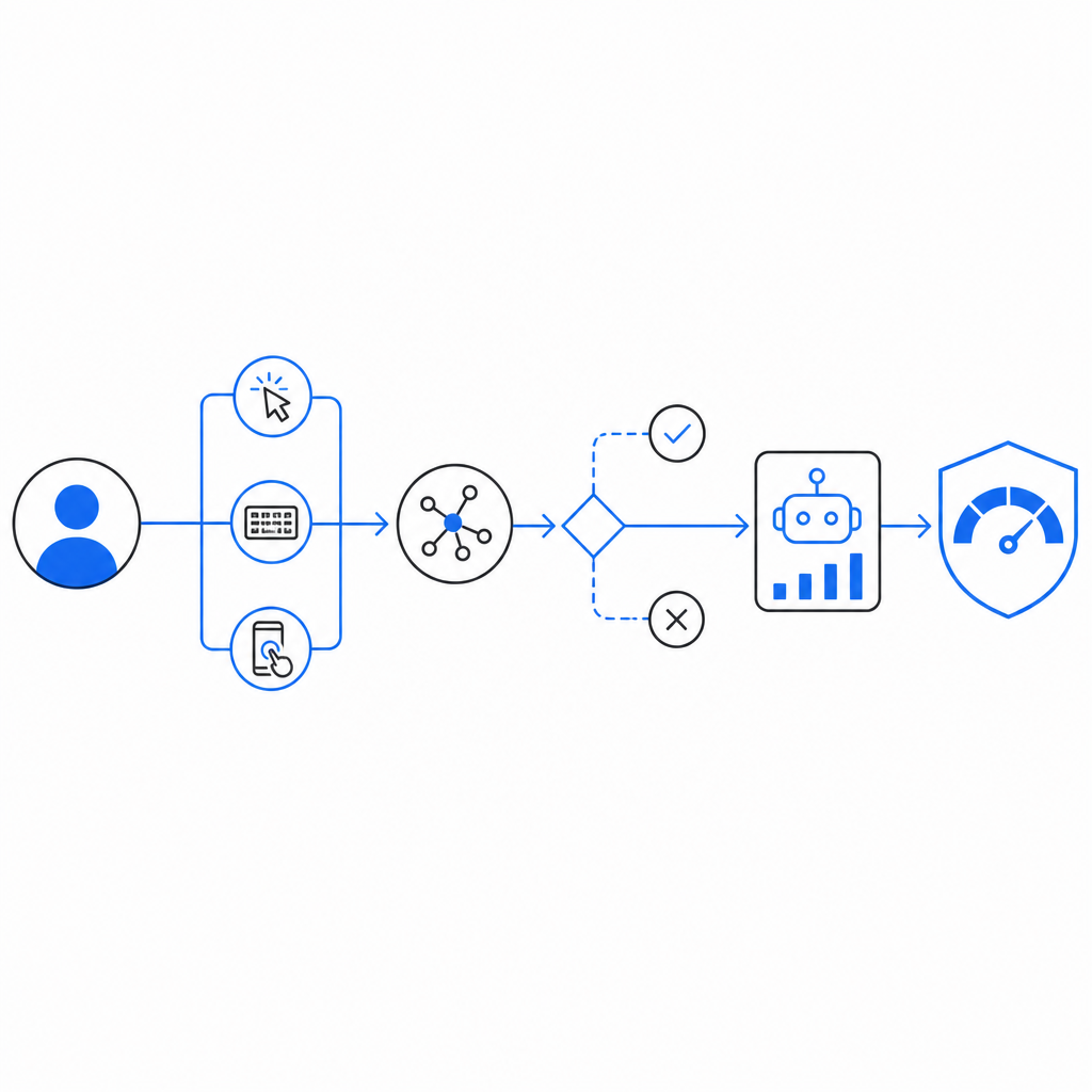 conceptual flowchart of user interaction plus backend bot risk scoring