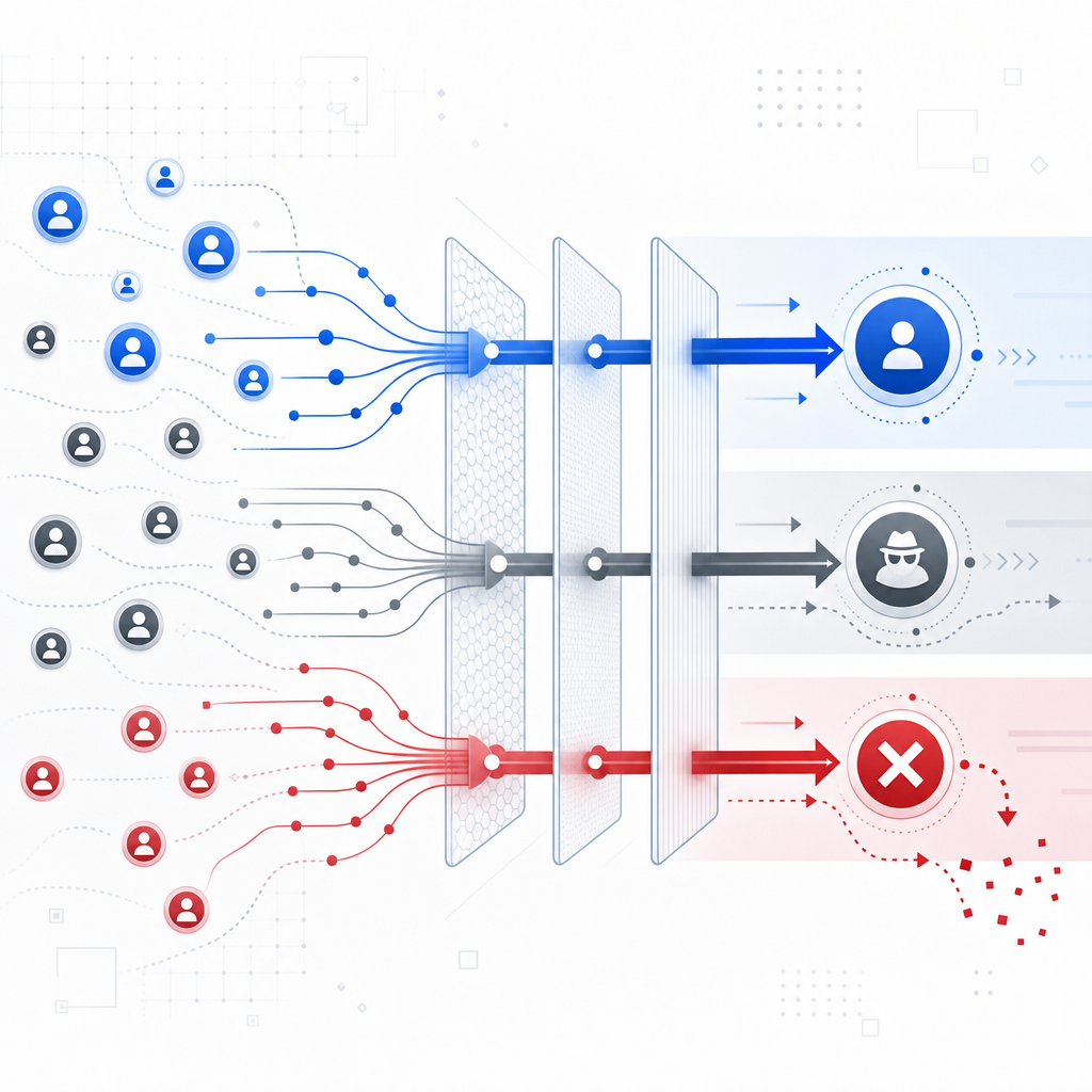 layered decision flow for human, suspicious, and blocked traffic