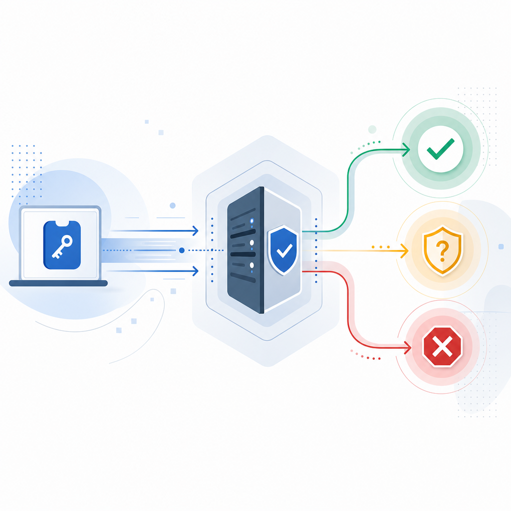 request pipeline from client token to server validation to allow/challenge/block