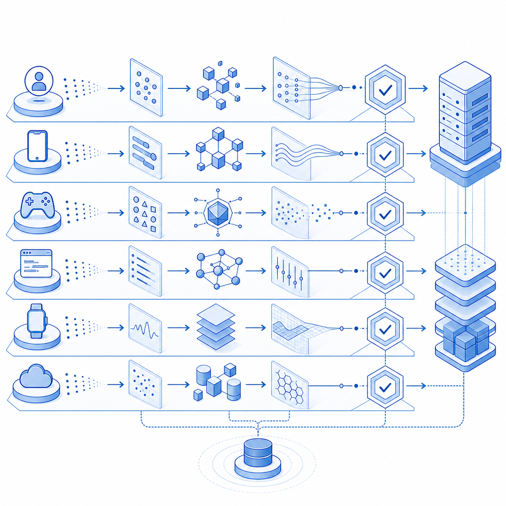 layered signal pipeline from client events to server validation, abstract flow d