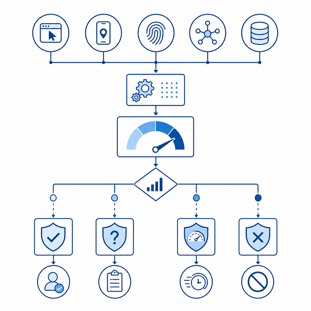 decision tree of allow, challenge, throttle, deny based on risk score thresholds