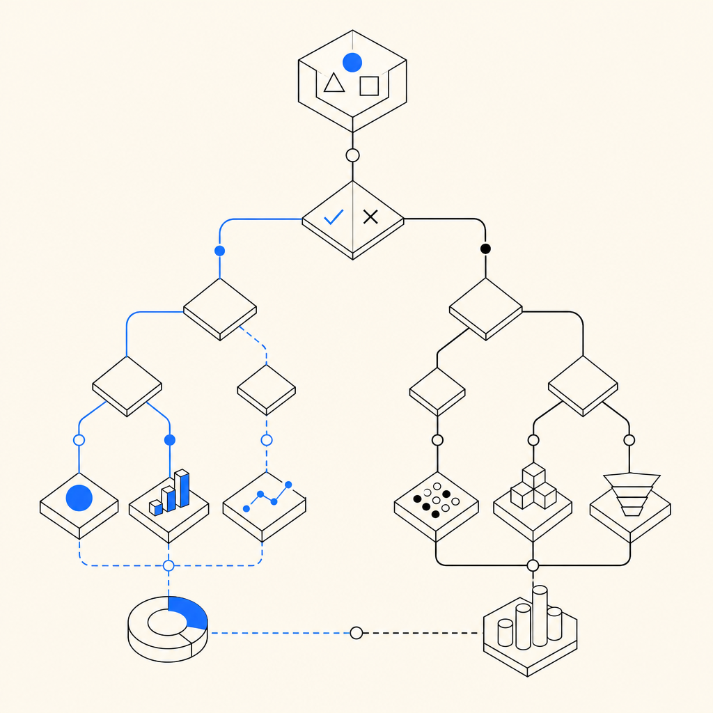 abstract decision tree with metrics labels and pass/fail branches