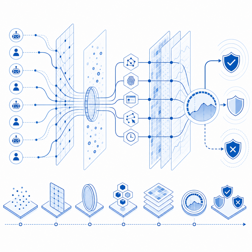abstract visualization of bot detection layers and challenge flow