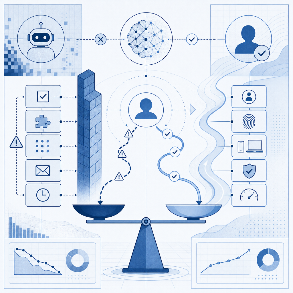 conceptual illustration of bot detection challenges and user experience balancin