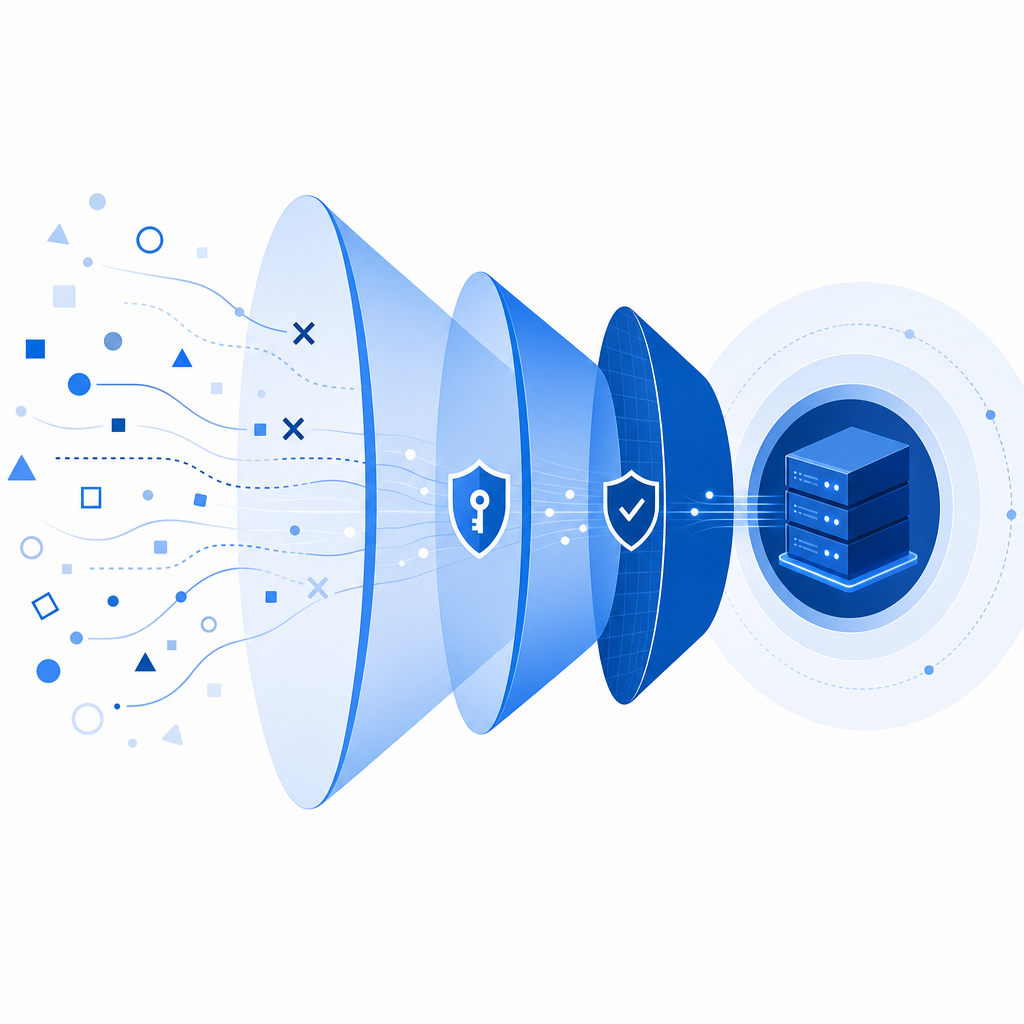 layered defense funnel showing client signals, token validation, and server enfo