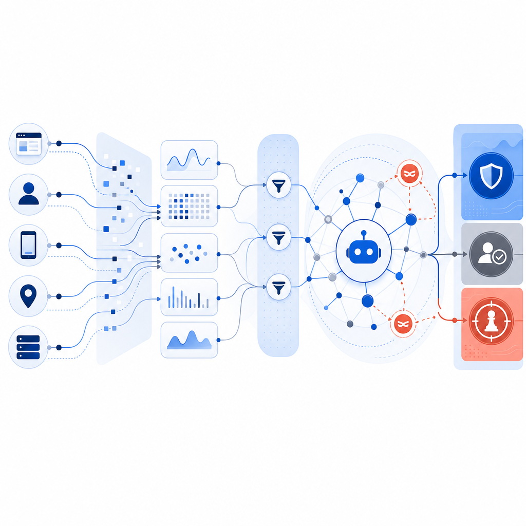 abstract diagram of bot detection process with data inputs and challenges