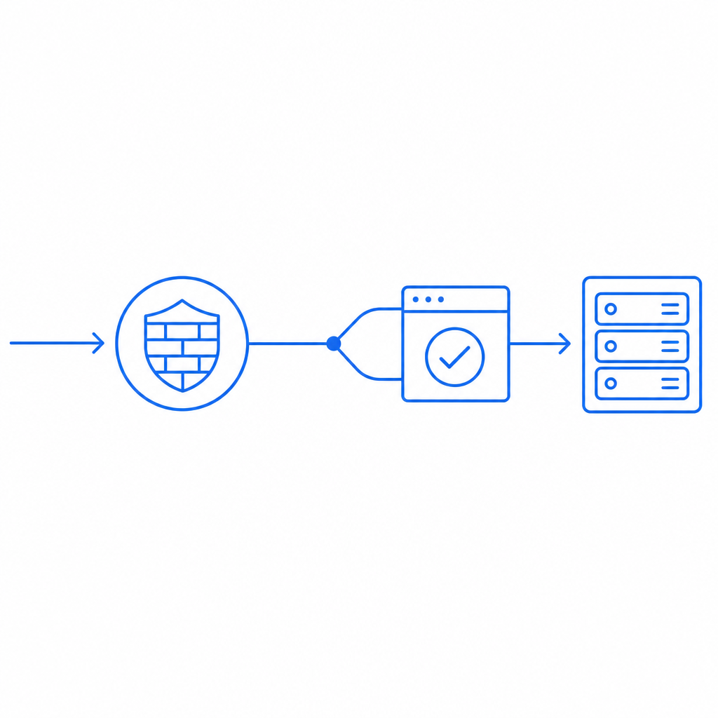 flowchart showing an incoming HTTP request passing through a WAF filter node, th