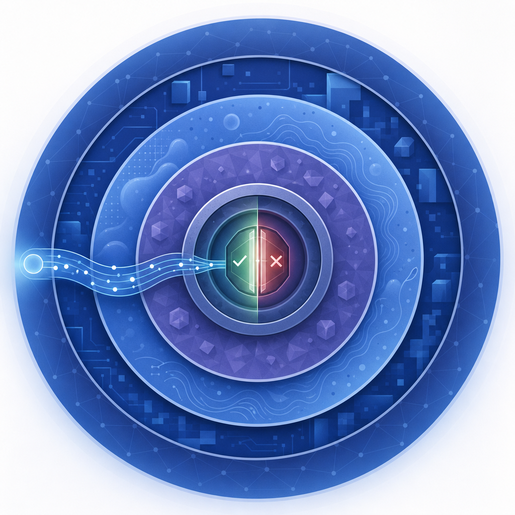 abstract diagram of a request passing through multiple detection layers—network,