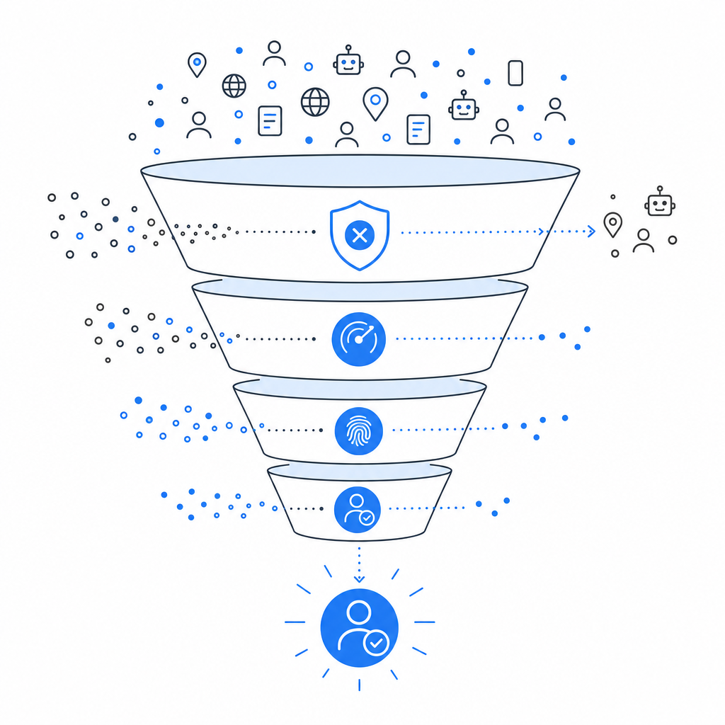 layered funnel diagram showing traffic filtering stages from raw requests down t