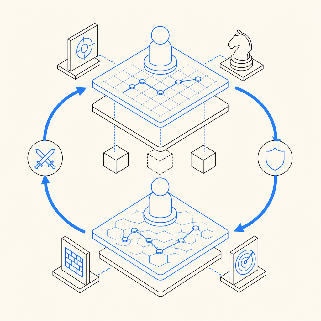 abstract diagram of two-player strategic loop with arrows cycling between attack