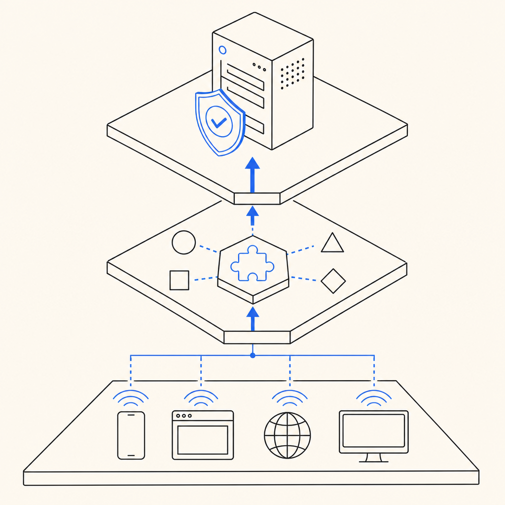 layered architecture diagram showing client signals flowing upward through chall