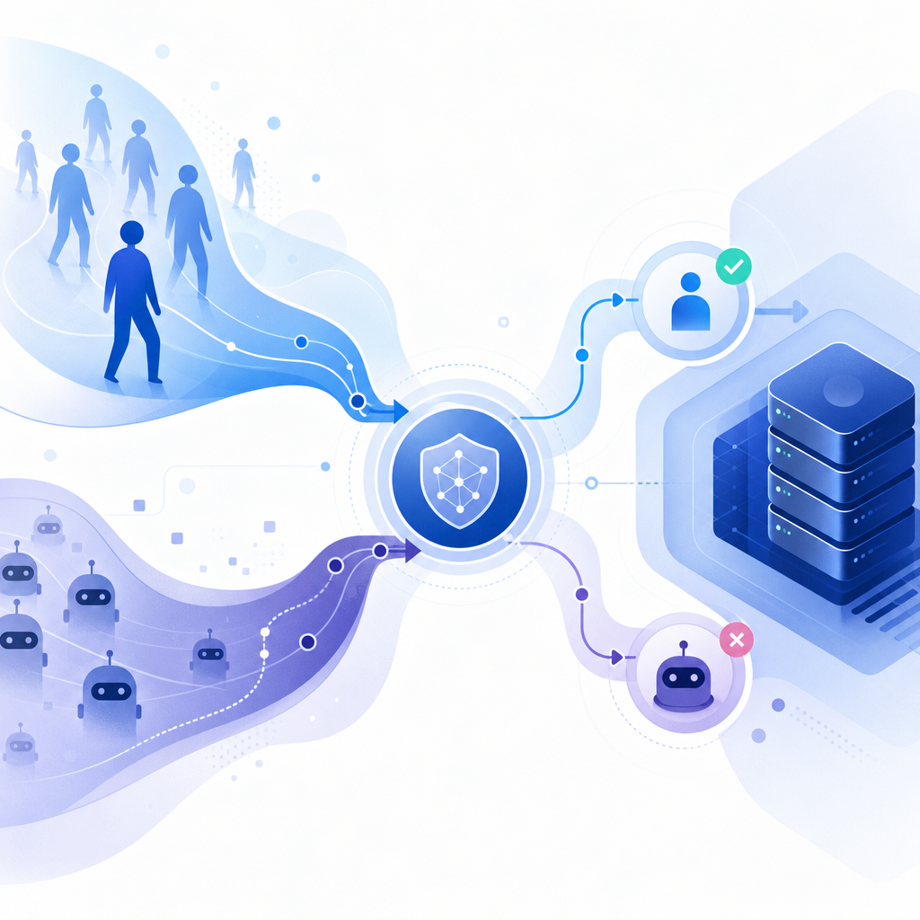 abstract flow diagram showing human traffic, bot traffic, token validation, and