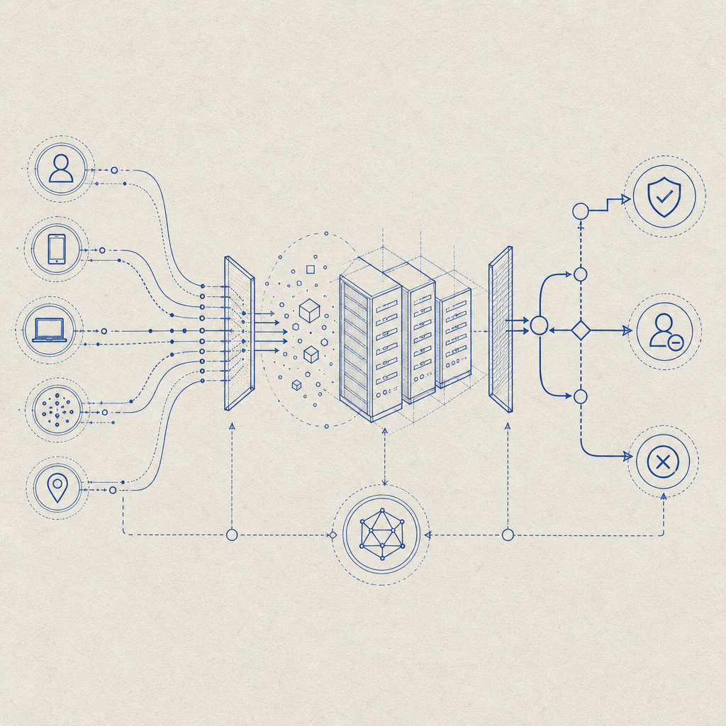 abstract decision pipeline from client signals to server validation and policy o