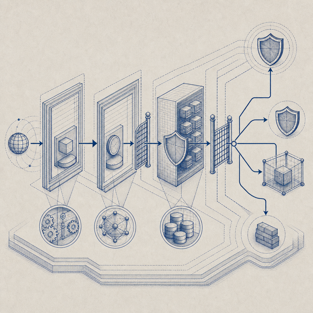 layered defense diagram showing loader, token, backend validation, and policy de