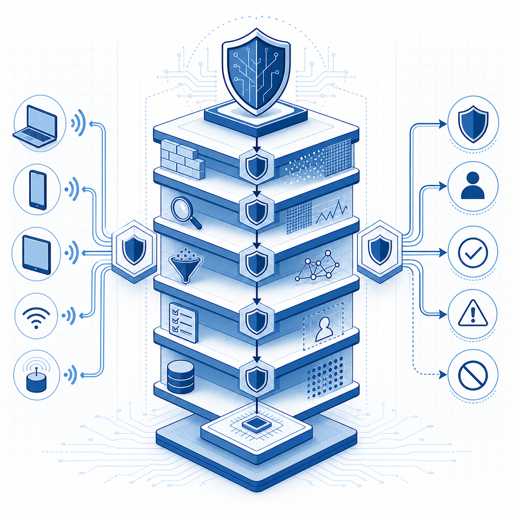 layered defense flow showing client signals, server validation, and decision out