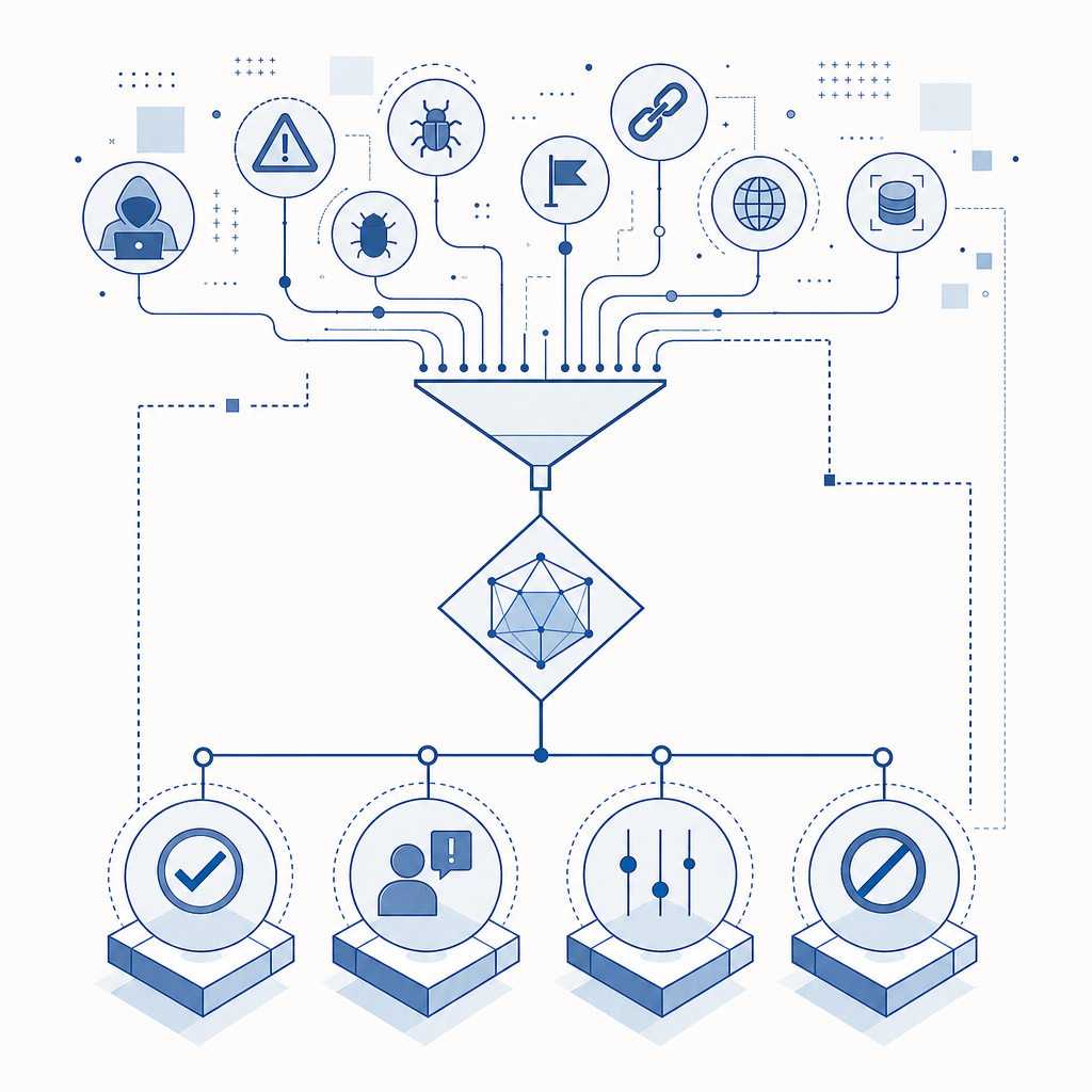 abstract decision tree with risk signals feeding allow, challenge, limit, or blo
