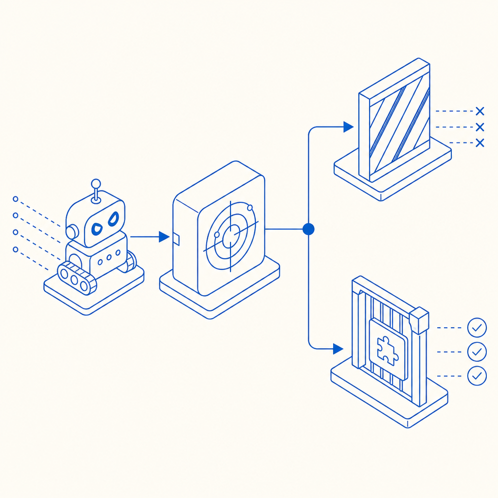 visual flow of automated bot detection triggering an immediate blocking or chall