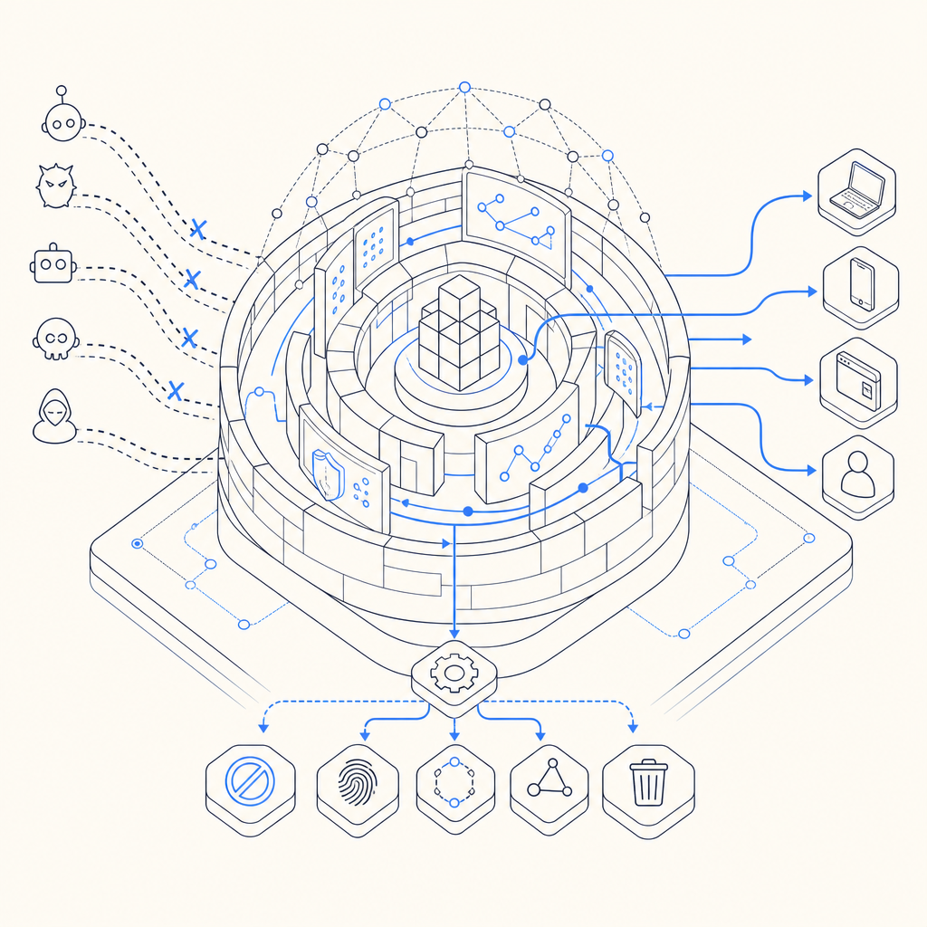 abstract concept of layered defenses in bot management software, showing detecti