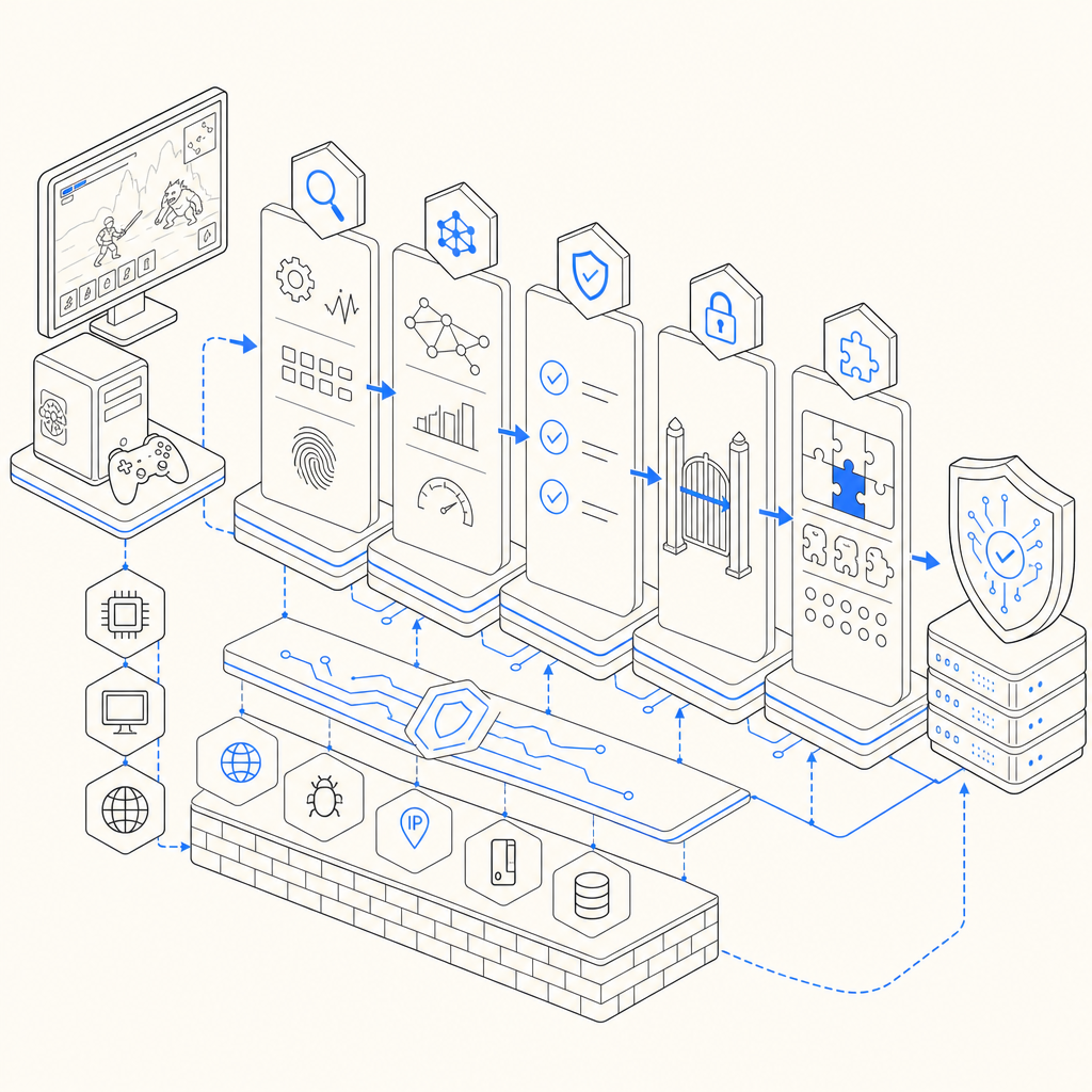 layered bot defense concept integrating game client detection and CAPTCHA