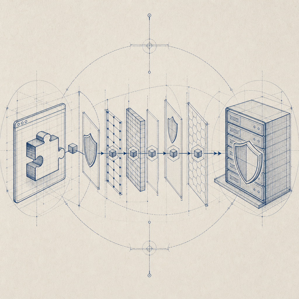 layered security defense concept showing client plugin and server checks