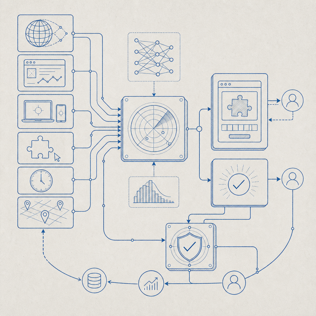 flow diagram of bot detector data feeding into challenge issuance and verificati