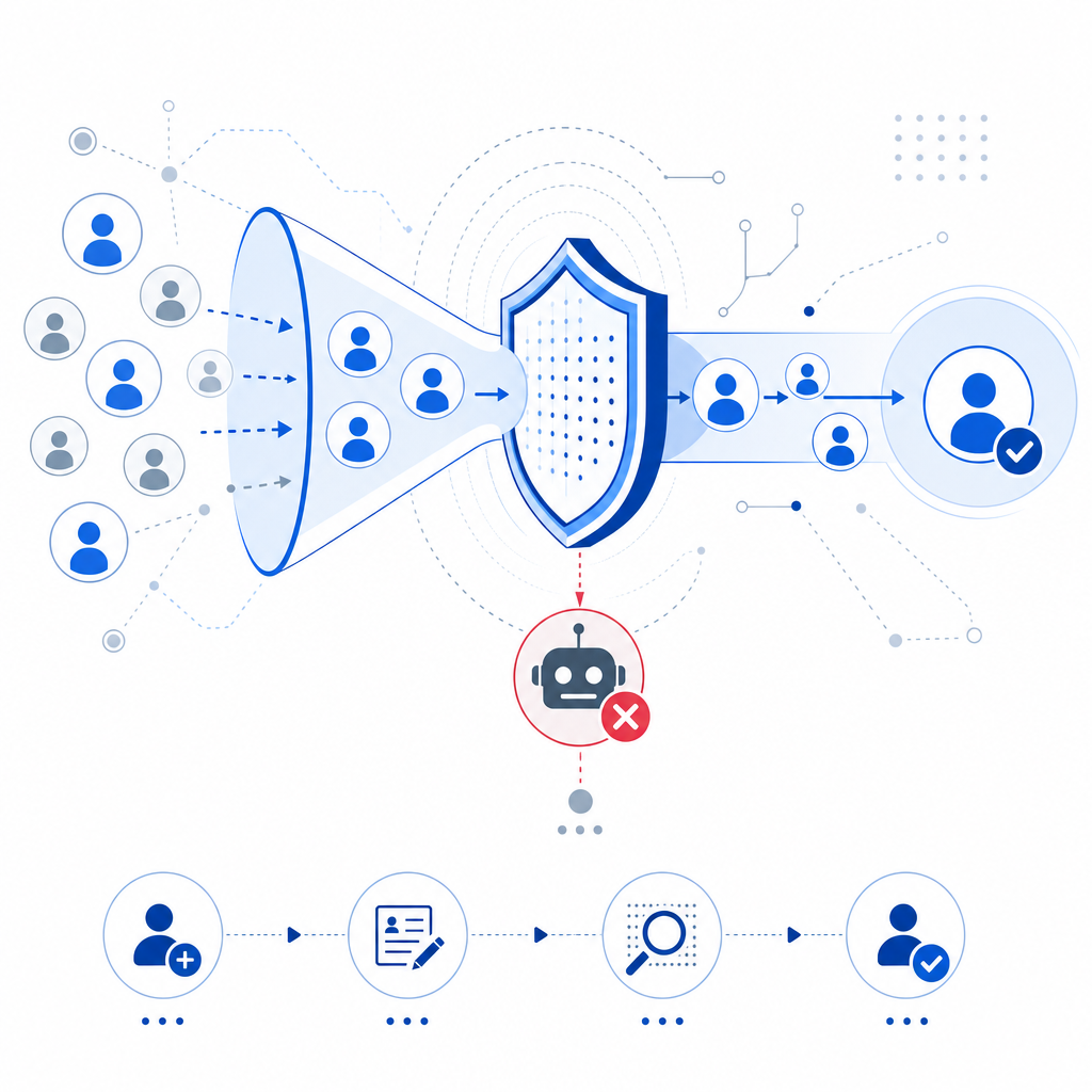 conceptual flow of bot detection blocking fake accounts during user signup