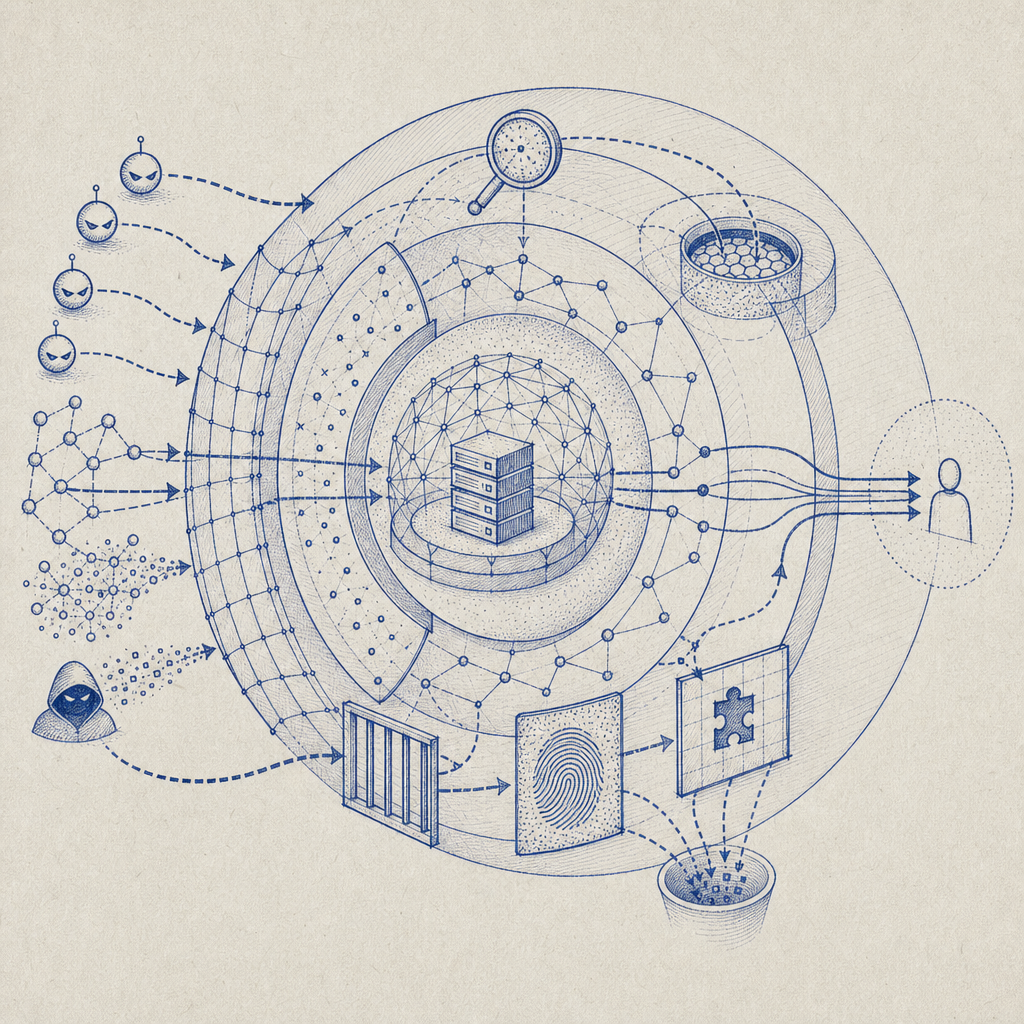 layered diagram illustrating combined bot defense techniques working together