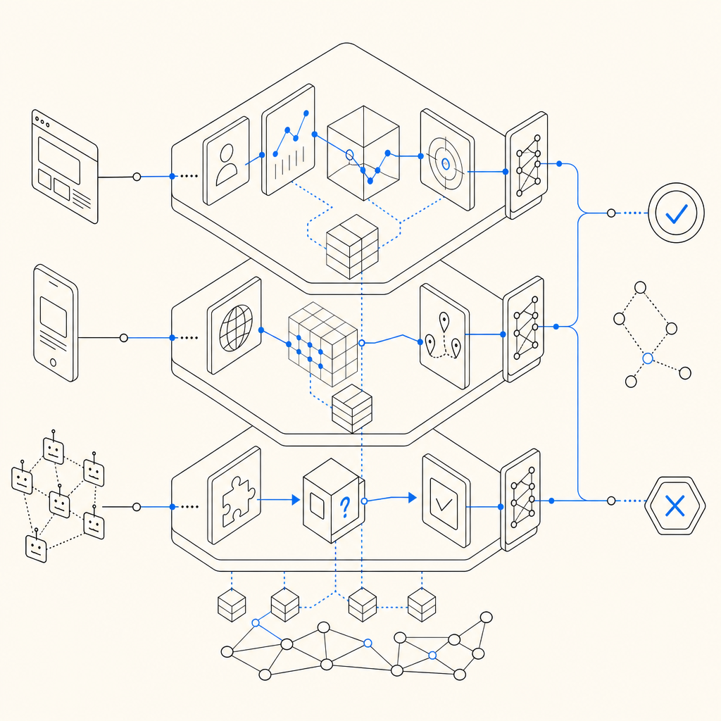 abstract visualization of bot detection layers including behavioral analysis, IP