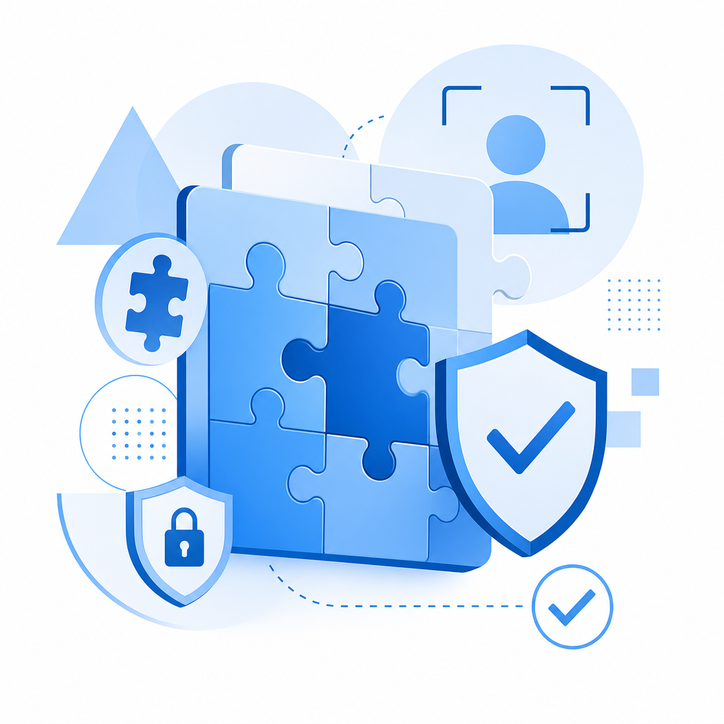 abstract depiction of layered CAPTCHA security with puzzle pieces and shield ico