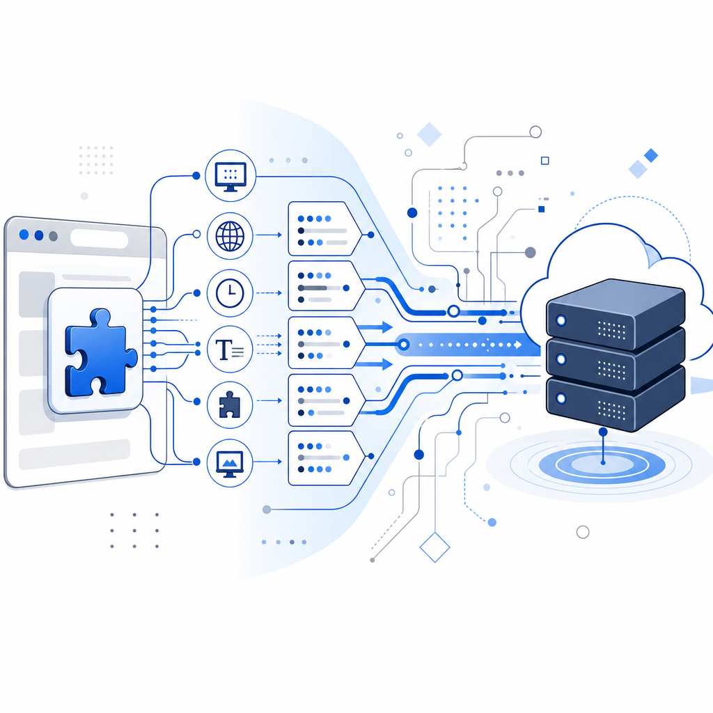 abstract diagram showing browser fingerprint data flow from addon to server