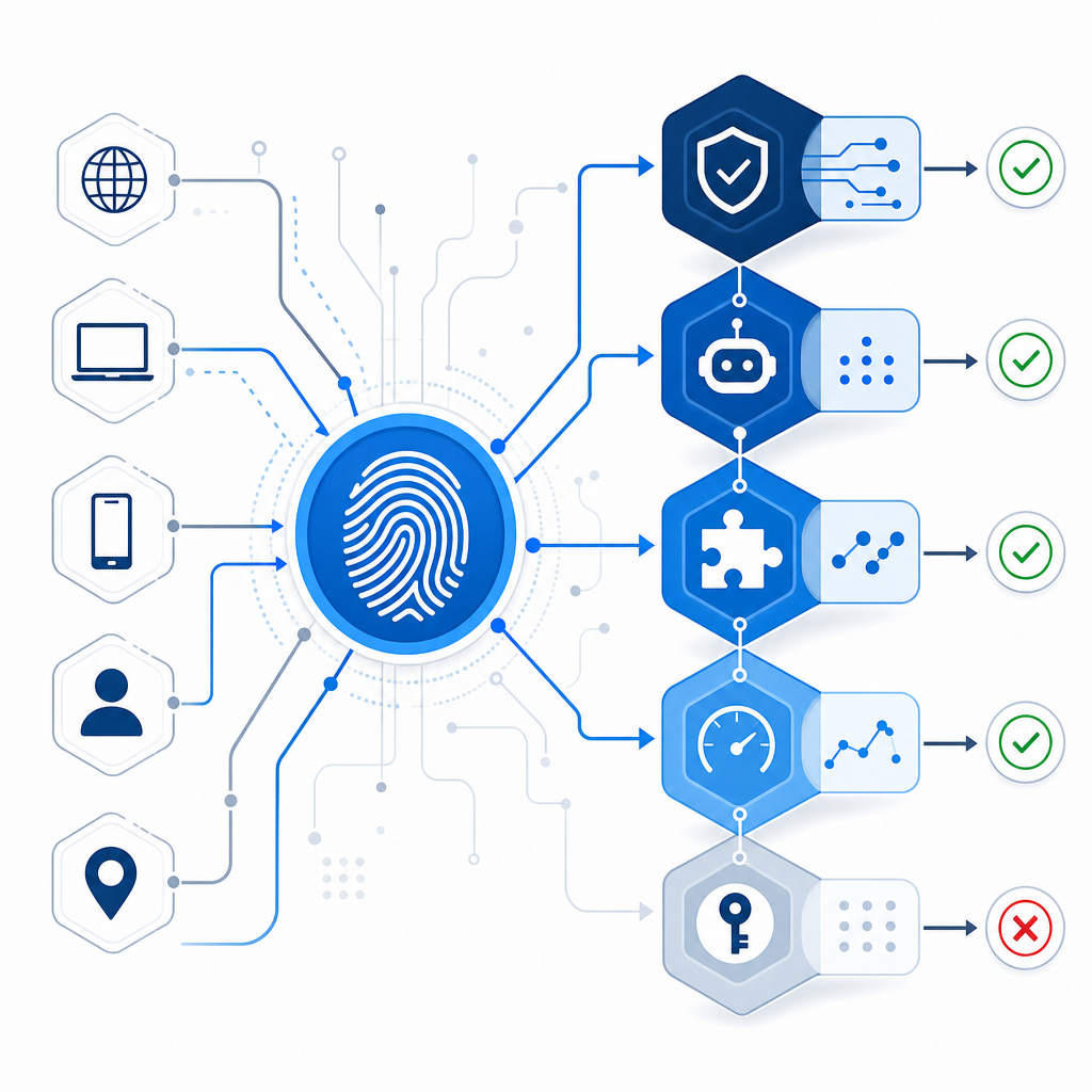 simplified flowchart showing integration of browser fingerprinting into layered