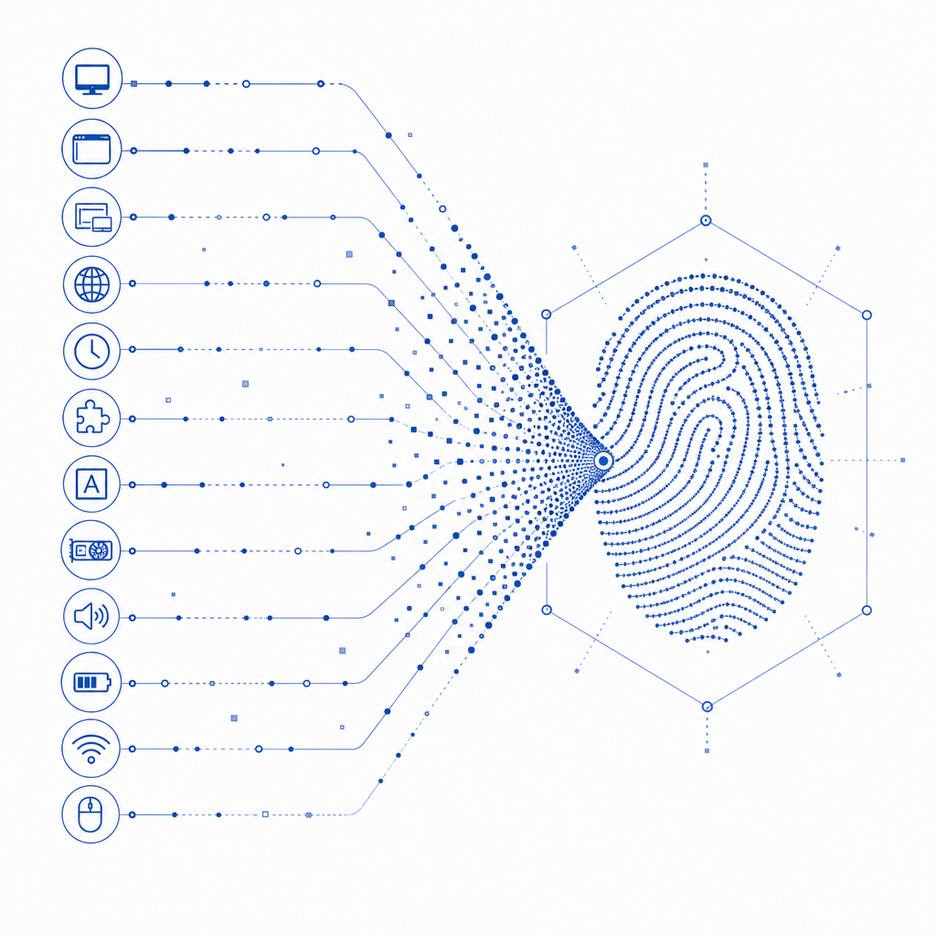 abstract illustration of browser fingerprint data points converging to form a un