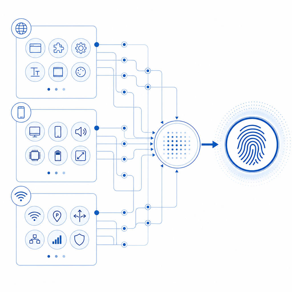 diagram showing browser, device, and network parameters feeding into a fingerpri