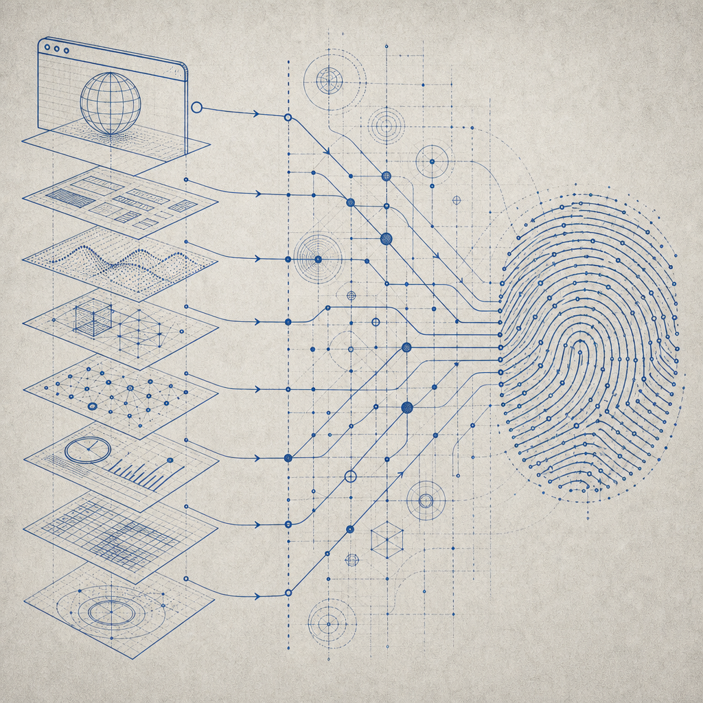 abstract schematic of browser data points contributing to fingerprint