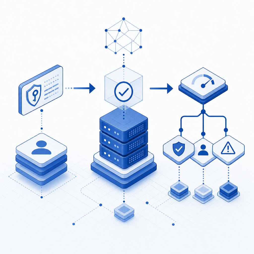 abstract layered diagram of client token, server validation, and risk decision n