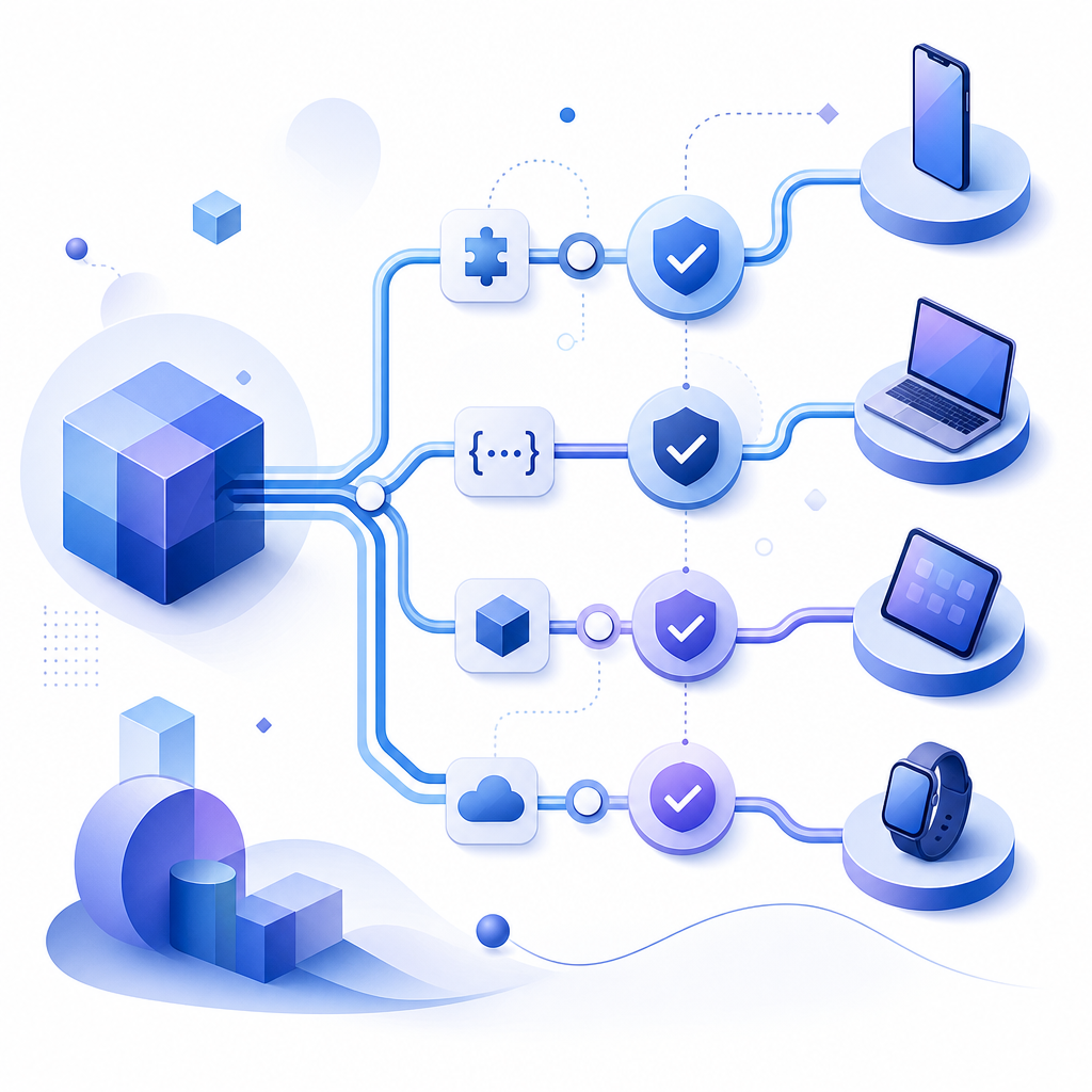 stylized flowchart highlighting multi-platform SDKs and API validation