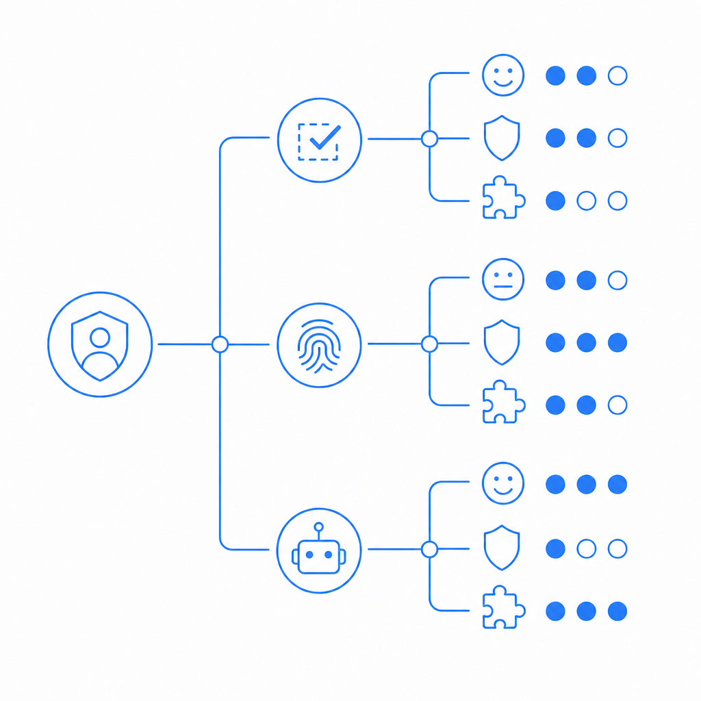 abstract decision tree comparing captcha alternatives by UX, privacy, and integr