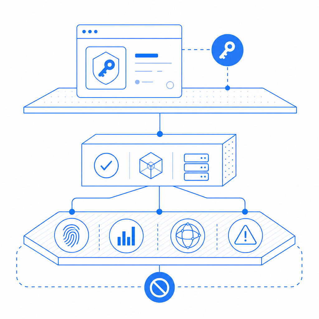 abstract layered architecture showing client token, backend validation, and abus