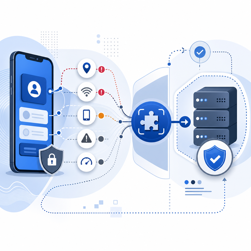 abstract layered mobile defense flow with app, risk signals, challenge, and serv
