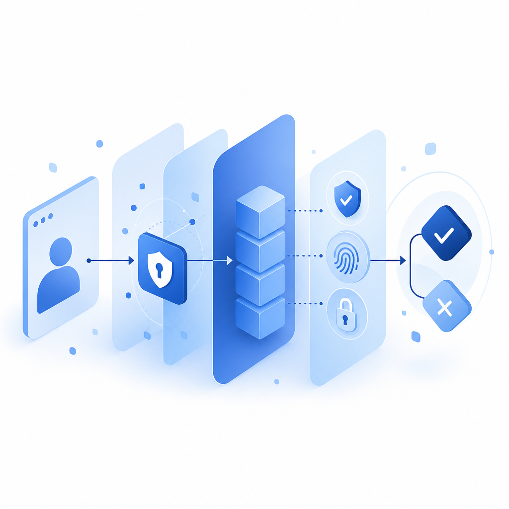 abstract layered security diagram showing client, token, backend validation, and