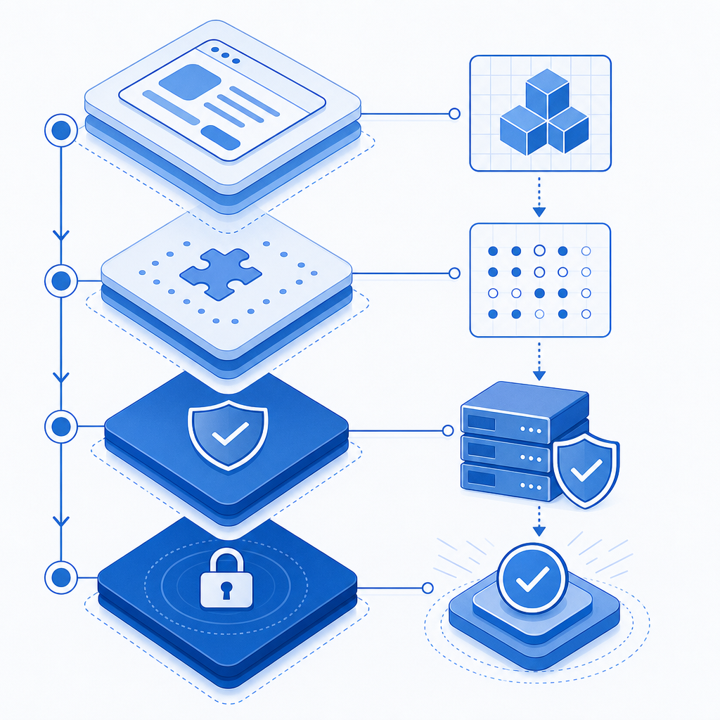 abstract layered diagram showing app, challenge layer, server validation, and pr